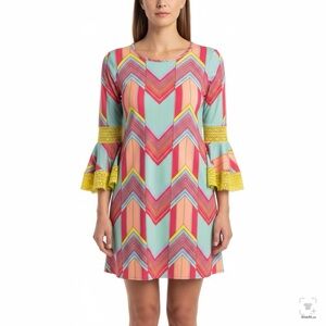 Judith March Women Medium Mint Green Pink Chevron Flounce Sleeve Shift Dress